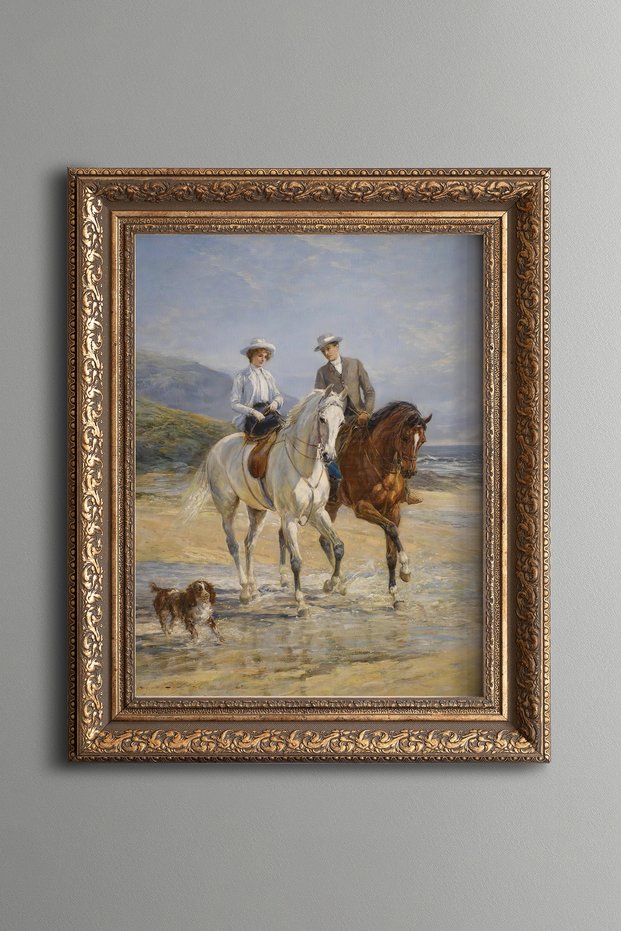 Couple Riding Horses on the Beach - Vintage Patterned Painting - Thick Model
