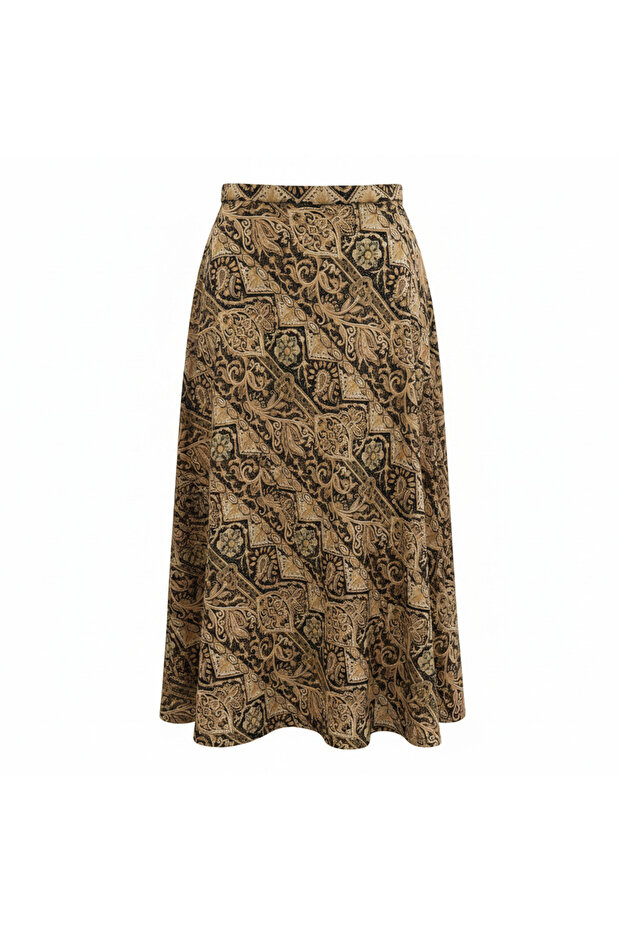 Women's Brown Ornamental Print A-Line Midi Skirt