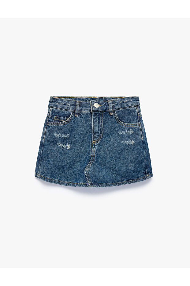 Cotton Slim Fit Buttoned Denim Skirt with Pocket Detail