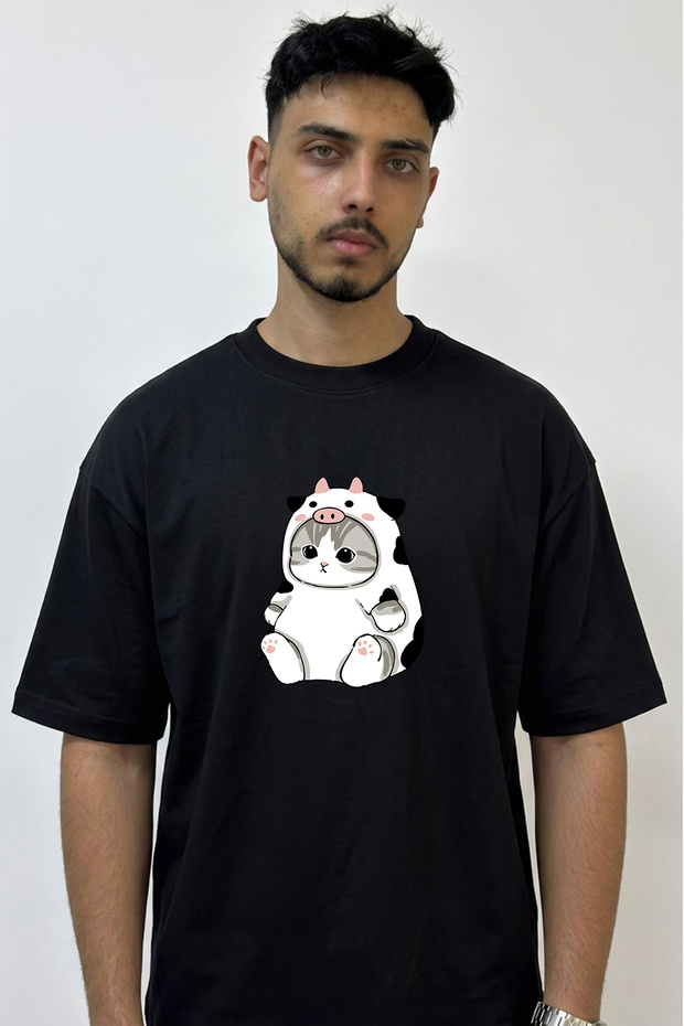 Cat Cow Design Printed Oversize Black T-Shirt