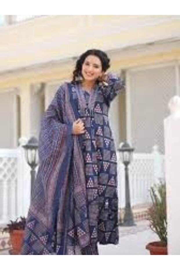 Navy Blue Rayon Geometric Print A-Line Kurta Set - TRT1235 | Navy Blue