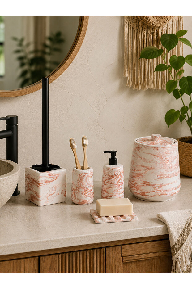 Decorative Bohemian Style Marble Pattern 5-Piece Bathroom Set Trash Can, Toilet Brush Liquid Soap Dispenser Solid Soap Dish and Toothbrush Holder Set