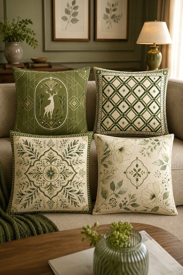 Green Deer Patterned 4-Piece Throw Pillow Cover Set