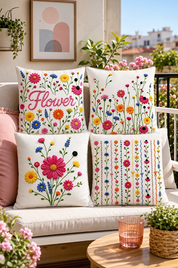 Colorful Flowers Patterned 4-Piece Throw Pillow Cover Set