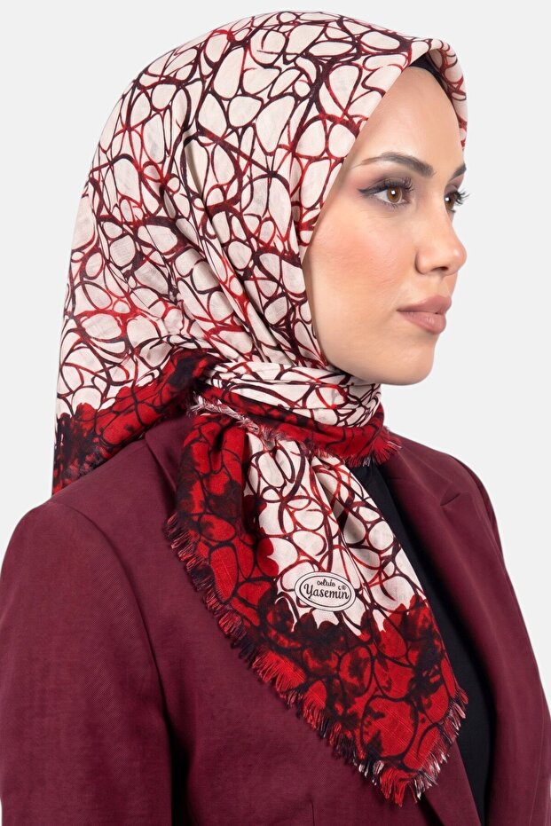 Women's White Red Patterned Flared Cotton Scarf