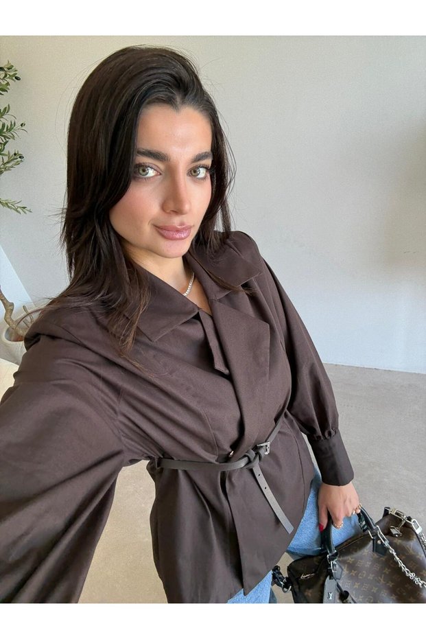Brown Double-Breasted Collared Belted Shirt