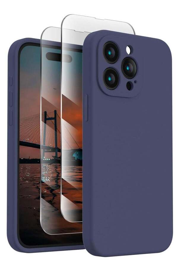 Silicone Case for iPhone 15 Pro Max, Camera Protection, 2 Screen Protectors, Navy Blue