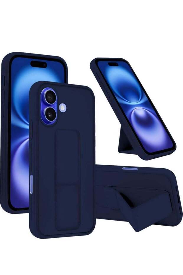 Blue Magnetic Car Mount Case for iPhone 16 – Premium Silicone Kickstand with Hand Strap