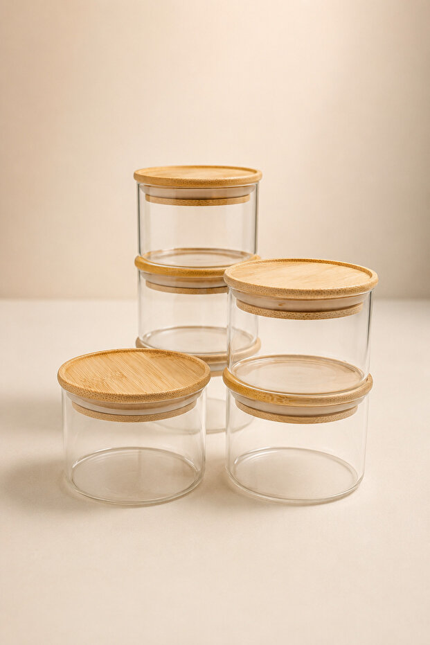 Nunez - Mini Bamboo Vacuum Lid 6-Piece Multi-Purpose Borosilicate Snack Bowl Glass Bowl 200 ml