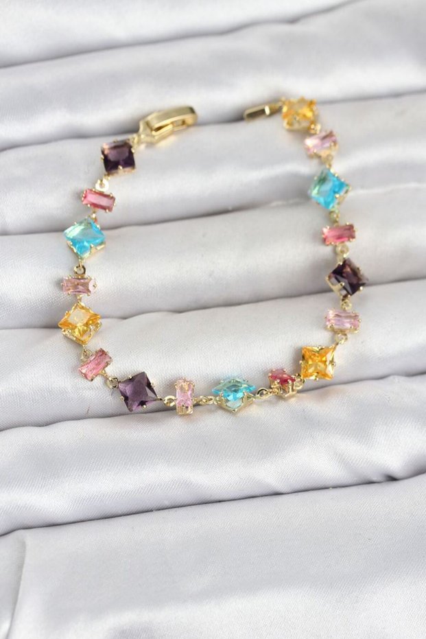 Crystal Stone Cut Mixed Color Gold Color Gema Women's Bracelet Tj-Bb8531