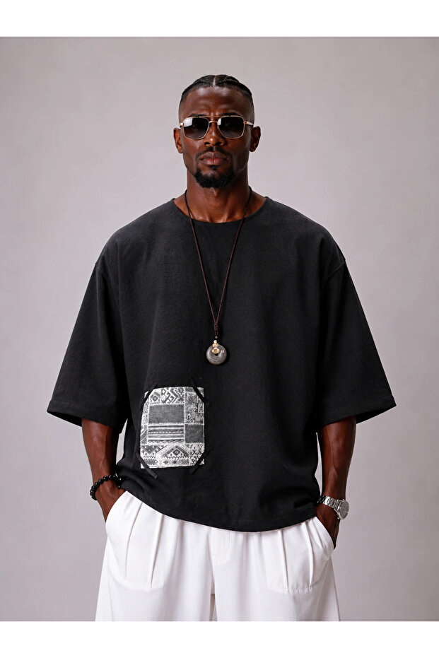 Oversize Bohemian Cotton Linen Black Tshirt