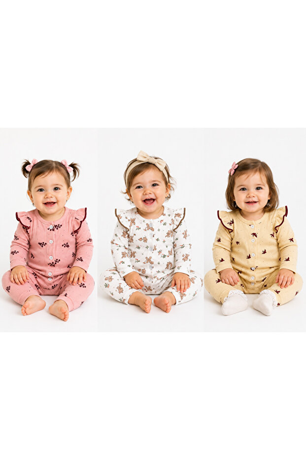 Premium Ruffle Detailed Ribbed Baby Girl Romper – Soft Textured Long Sleeve Newborn Romper
