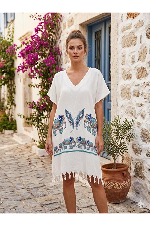 Elephant Patterned Bamboo Pareo Dress with Tassel Detail Beachwear