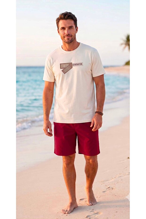 Beige "Free Generation" Printed Crew Neck Short Sleeve Organic Cotton Men's T-Shirt & Burgundy Basic Shorts Combination Set