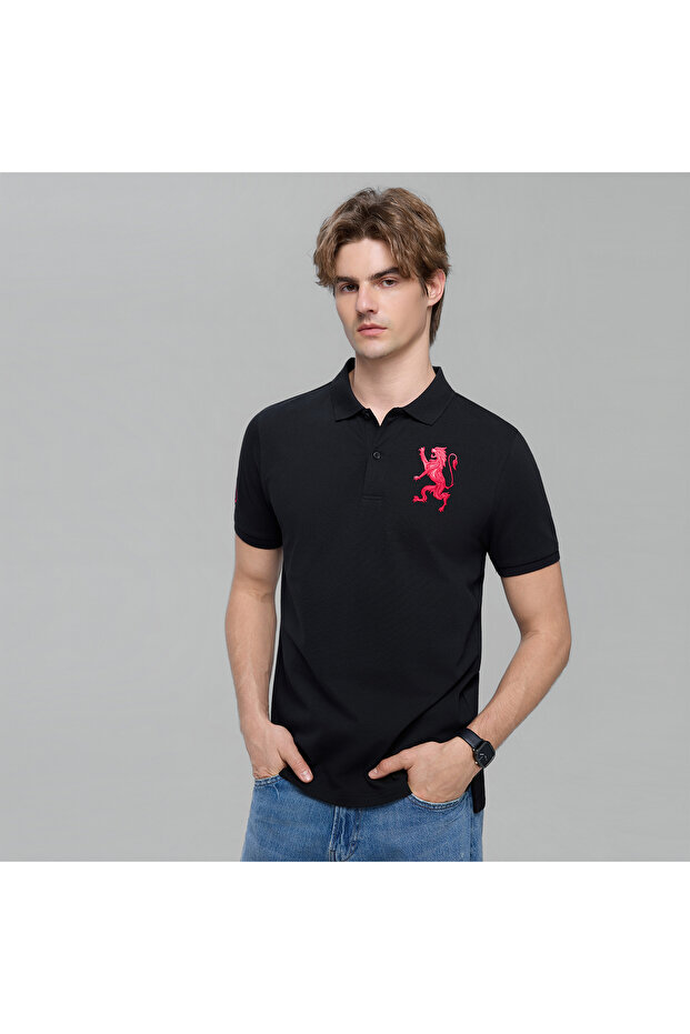 Men’s Slim Fit 3D Lion Embroidery Lycra Pique Polo