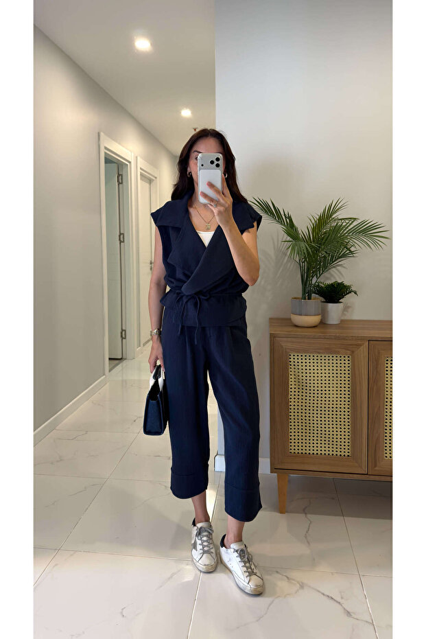 Siteros Navy Blue Linen Vest and Trousers Set