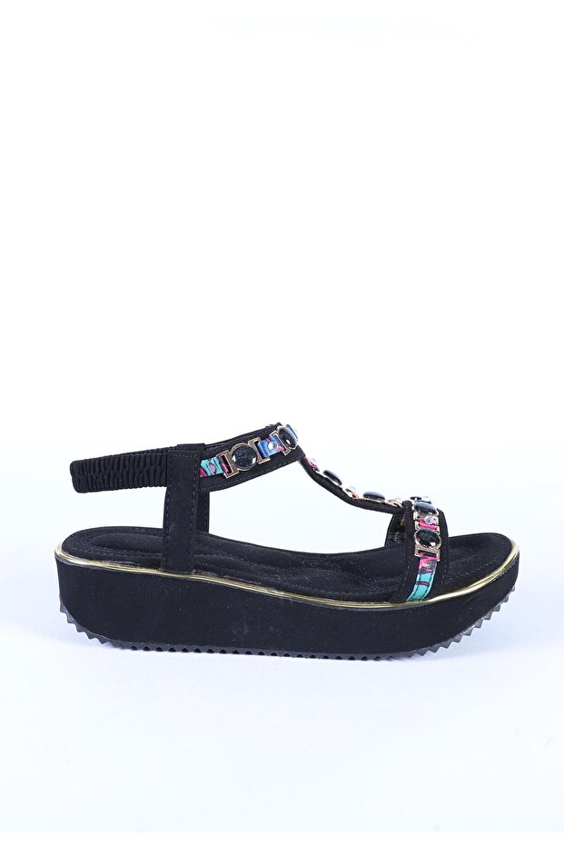Women's Imported Stone Detailed Comfortable Thick Sole Sandals with Elastic Back Strap Black