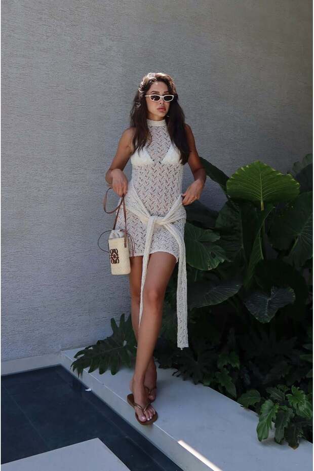 Ecru Ostin Short Beach Dress with Tie Detail