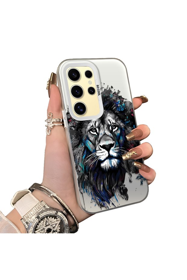 Samsung Galaxy S24 Ultra Compatible Silicone Edge Hard Back Case Couple Phone Case with Lion Pattern