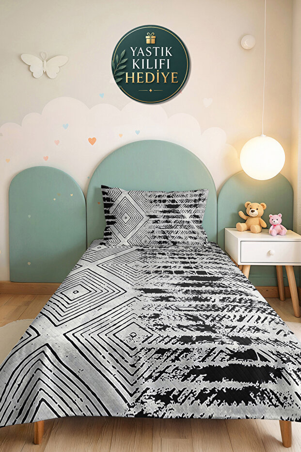 Black Geometric Modern Young Room Single Pique Set-Grey Ethnic 160X220 cm Quilted Bedspread