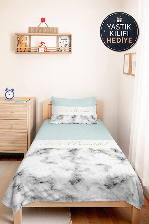 Modern Marble Mint Young Room Single Pique Set - Gray White 160X220 cm Quilted Bedspread