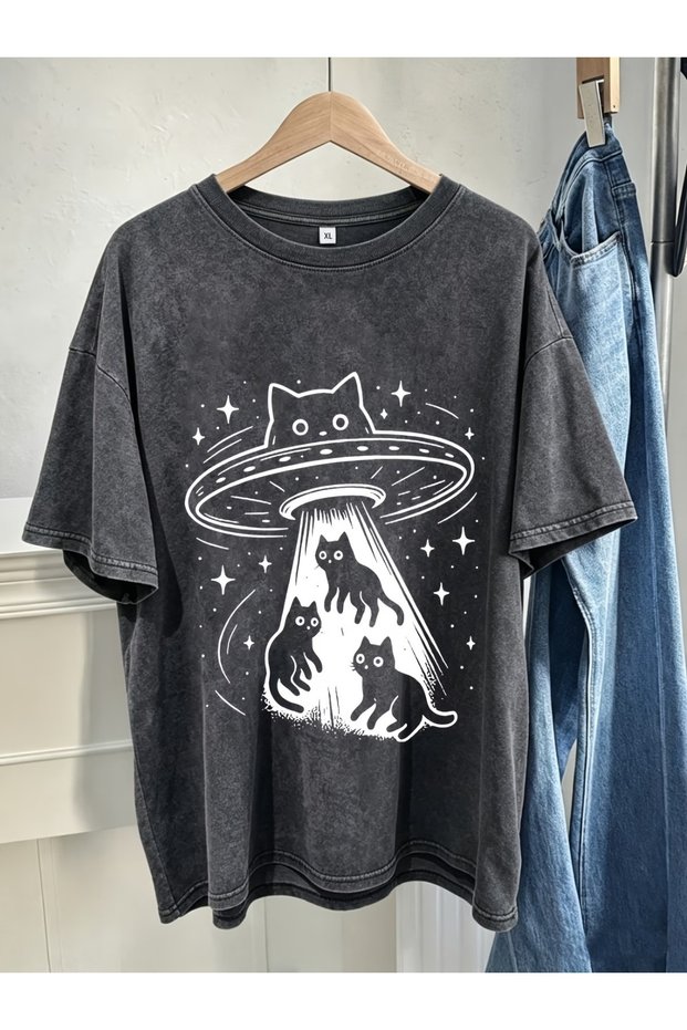 Alien Cat Printed Washable Vintage Unisex Oversize T-Shirt