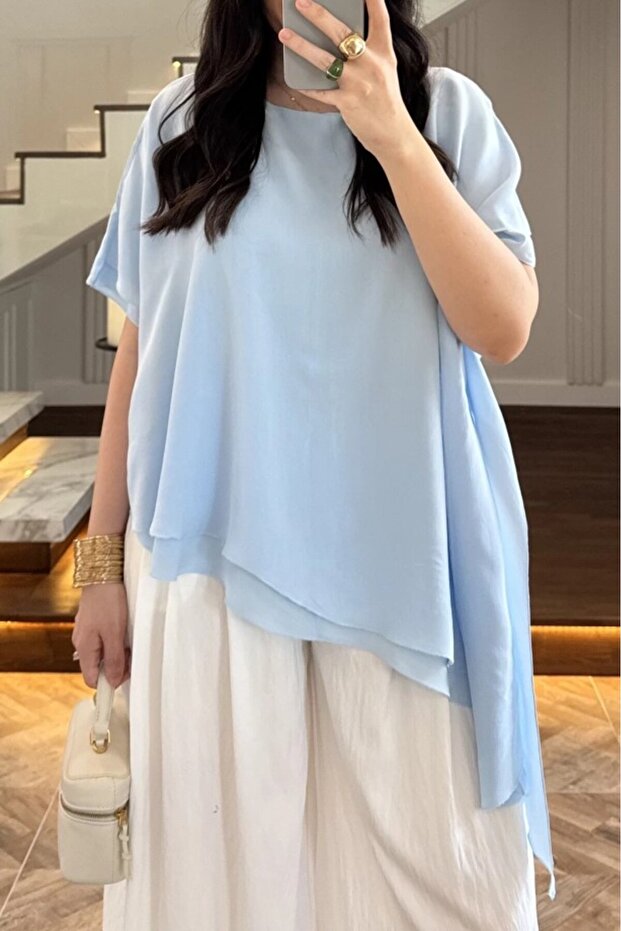Asymmetric Cut Short Sleeve Blouse Per5107