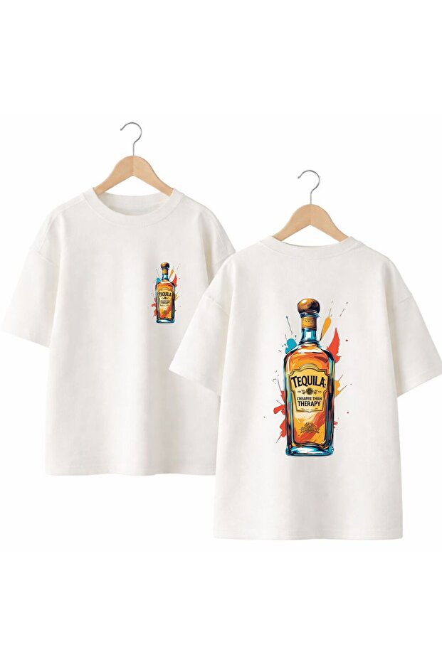 Therapy Tequıla Back and Front Chest Printed 100% Cotton Oversize Loose Regular Fit Crew Neck T-Shirt