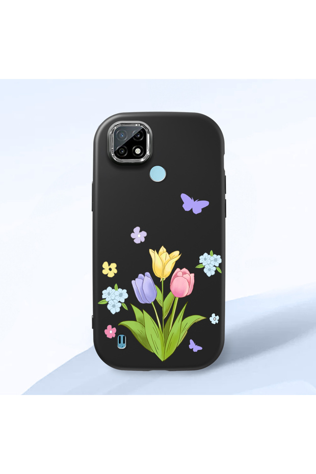 Realme C21 Compatible Case Camera Protector Black Silicone Couple Phone Case with Floral Pattern
