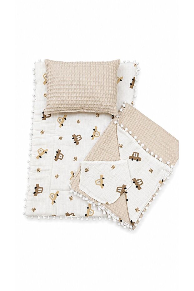 4 Piece Pique Muslin Baby Swaddle Set Double Sided – Blanket, Pillow, Scarf, Bib and Swaddle Cover