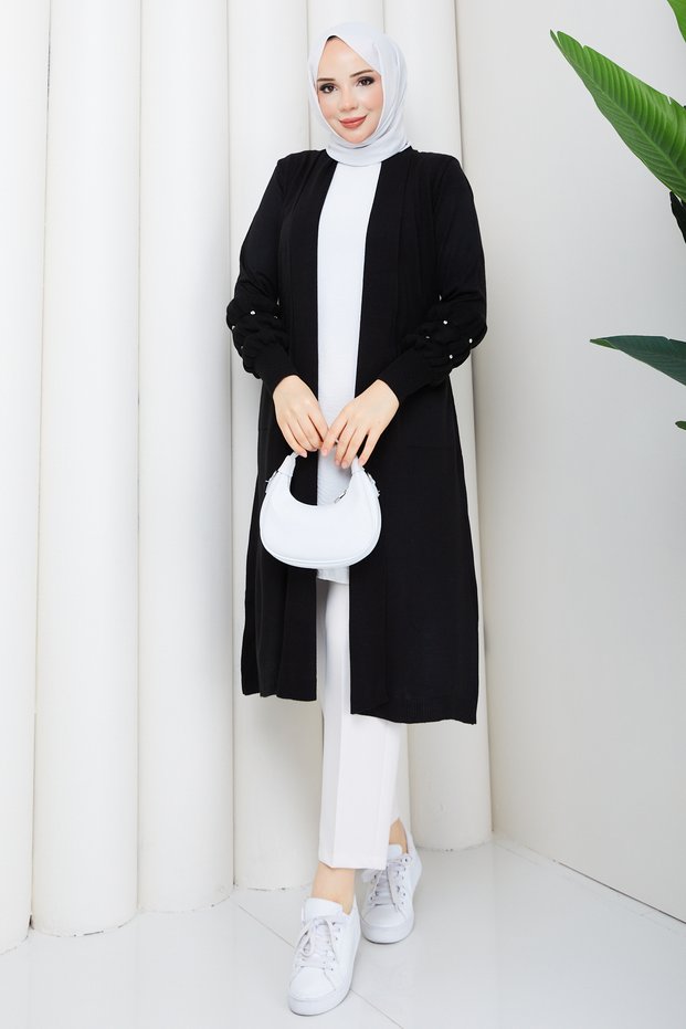 Women's Knitwear Cardigan with Stone-Embellished Sleeves and Pockets