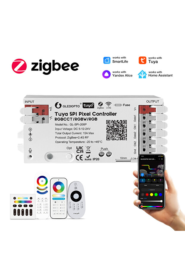 وحدة تحكم زيجبي SPI تويا SPI للتحكم في إضاءة LED، متوافقة مع RGBCCT وRGBW وRGB، مع ميزة المزامنة مع الموسيقى عبر واي فاي