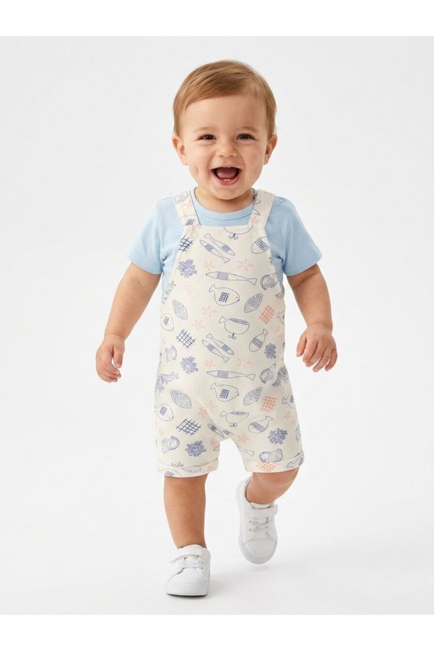 Cotton Fish Detailed 2-Piece Baby Boy Salopet Set Jumpsuit