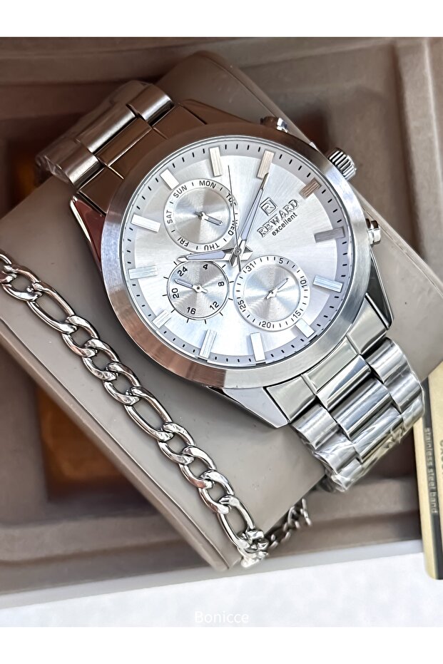 Functions Active, Silver Steel Cord in Stylish Box, White Dial, Men's Wristwatch with Calendar + Chain Bracelet