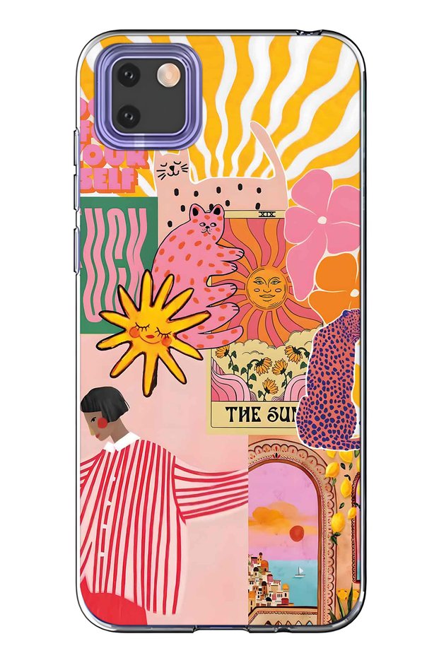 Huawei Y5P Compatible Abstract Art Collage Pattern Transparent Phone Case
