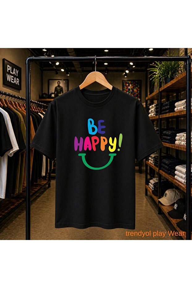 Be Happy Printed 100% Cotton Oversize Loose Regular Fit Crew Neck T-Shirt