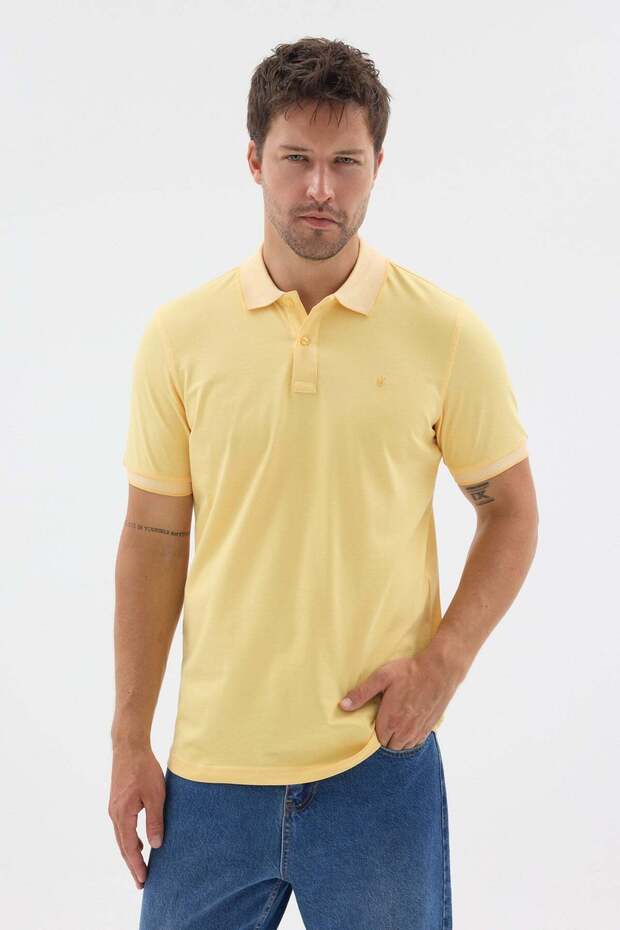 Yellow Polo Collar Pique Short Sleeve Slim Fit 100% Cotton T-Shirt 1011260171