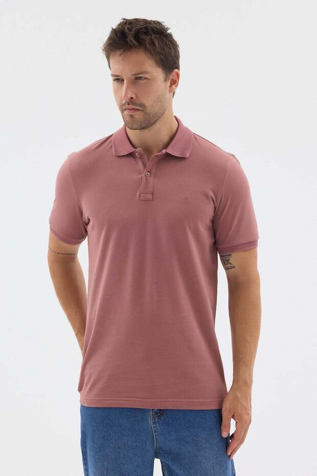 Pink Polo Collar Pique Short Sleeve Slim Fit 100% Cotton T-Shirt 1011260171