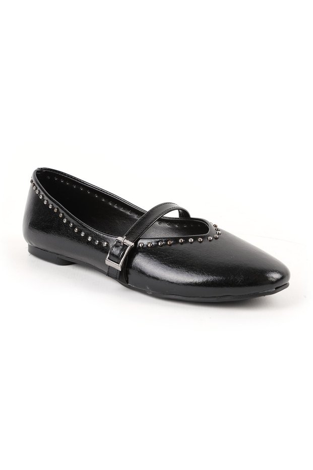 Women's Ballerina Flats with Metal Studs, Striped Mary Jane Buckle Strap, Shiny L080.105