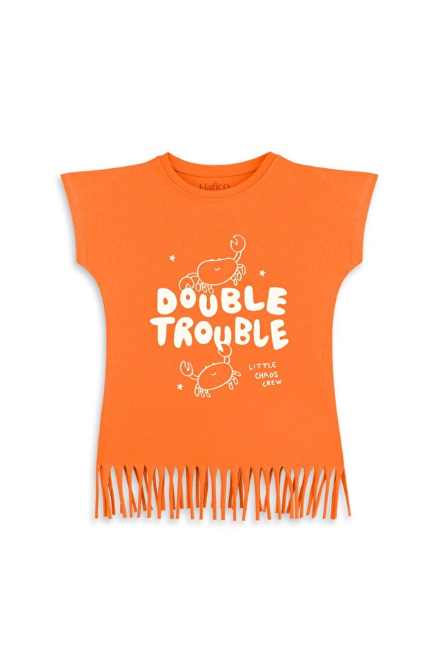 Girl's 100% Cotton Crab Printed T-Shirt with Tassels