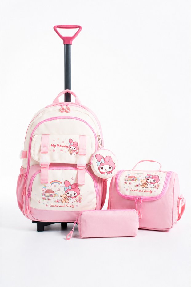 4-Piece School Bag Set with Trolley - Fixed Trolley Folding Stand (Backpack + Thermal Lunch Bag + Pen Holder + Wallet)