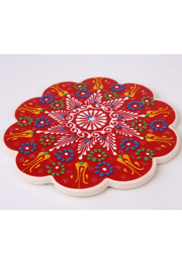 Red Embossed Tile Patterned Ceramic Trivet Heat Resistant Pot Pan and Teapot Mat Non-Slip Cork Base 17 cm