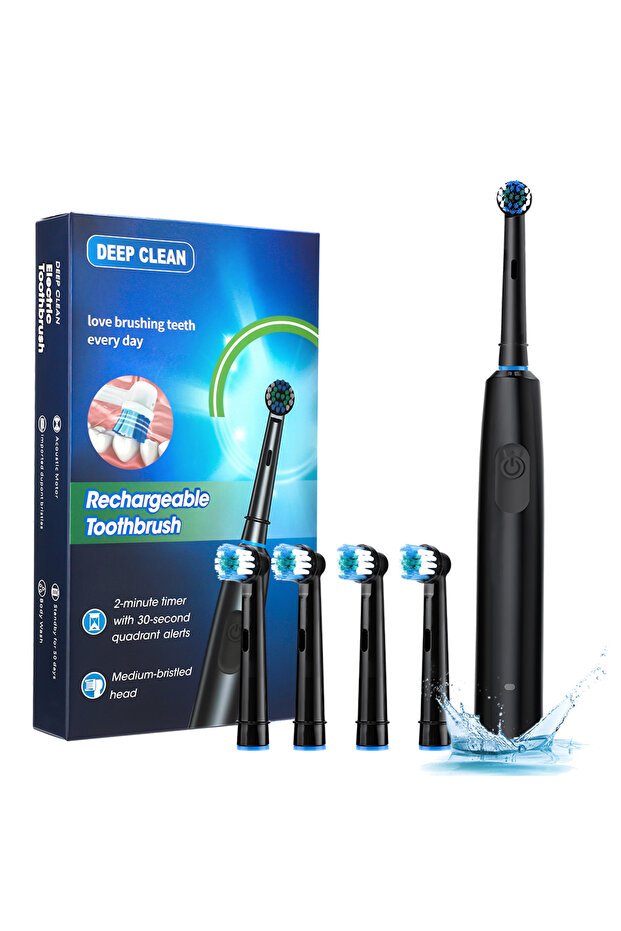 4pcs Head Black Intelligent Rotating Electric Toothbrush Rechargeable Rotary Toothbrush Compatible w