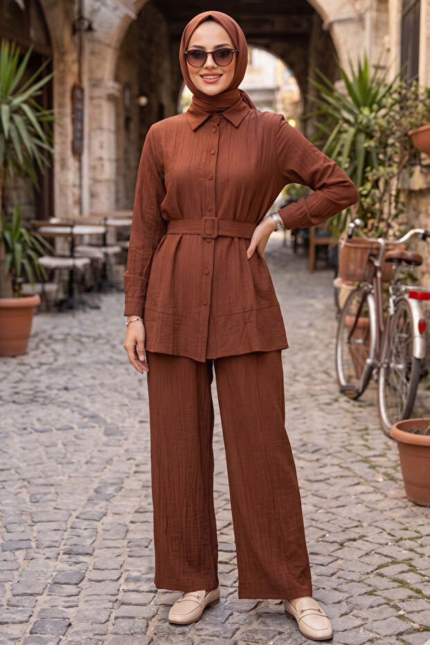 Buttoned Brown Hijab Double Set 20374Kh