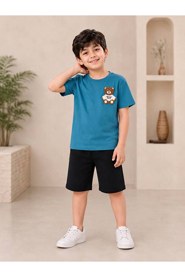Boy's Teddy Bear Detailed T-Shirt and Shorts 2-Piece Summer Set 4-12 Years Old