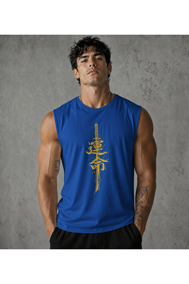 Men's Vertical Japanese Katana Sword Printed Zero Sleeve Round Neck Cobalt Blue Sports T-Shirt / Tshirt