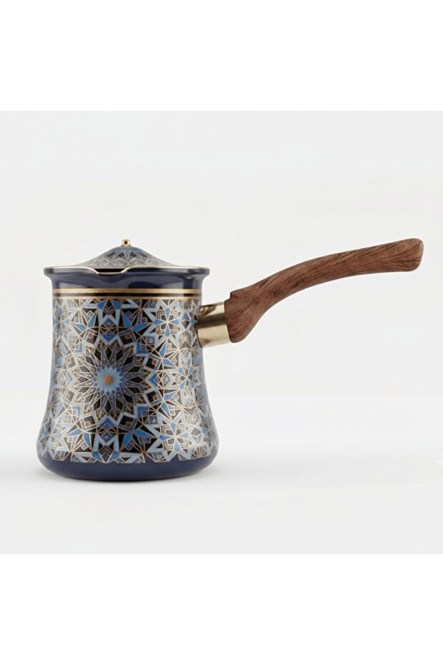 Blue & Black Decorative Metal Coffee Warmer with Mosaic Islamic Geometric Pattern, Wooden Handle & Lid – 400 ml