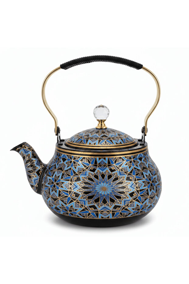 Blue & Black Enamel Metal Kettle with Islamic Geometric Mosaic Pattern, Crystal Lid Knob & Gold Handle | 1.5 Litre