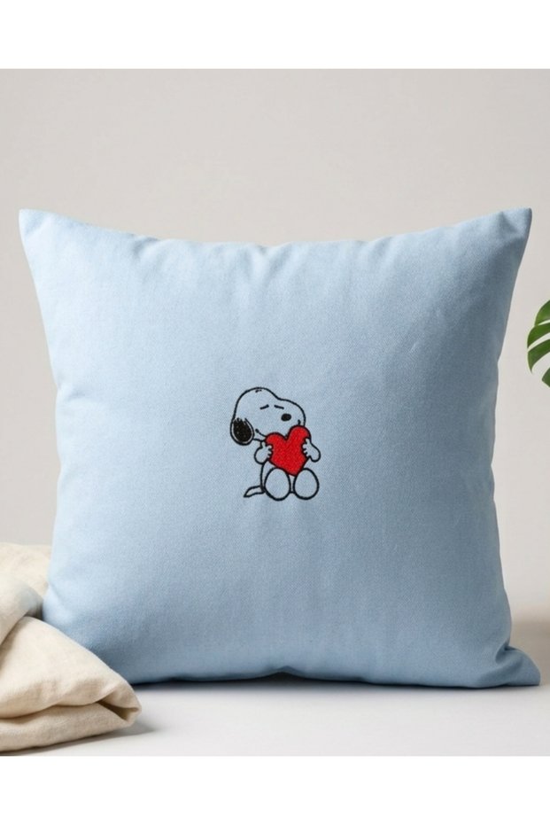 Cute Dog Holding a Heart Embroidered Soft Textured Cushion Cover | Light Blue | With Hidden Zipper