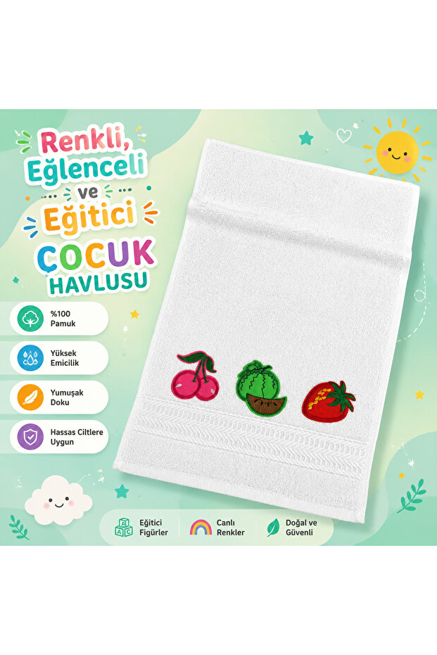 Children's Hand and Face Towel with Educational Figures for Kids 100% Cotton – Fruit and Vegetable Pattern 30X50 cm 1 Piece (Random Pattern Will Be Sent)
